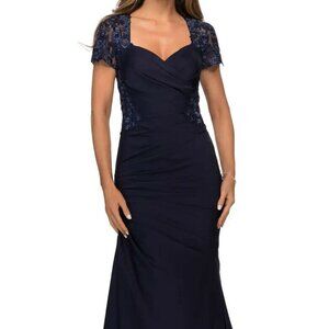 La Femme Navy Blue Lace Back Satin Trumpet Gown